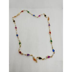 Vintage Gold Tone Faux Pearl Rainbow Teardrop Crystal Statement Necklace 23"